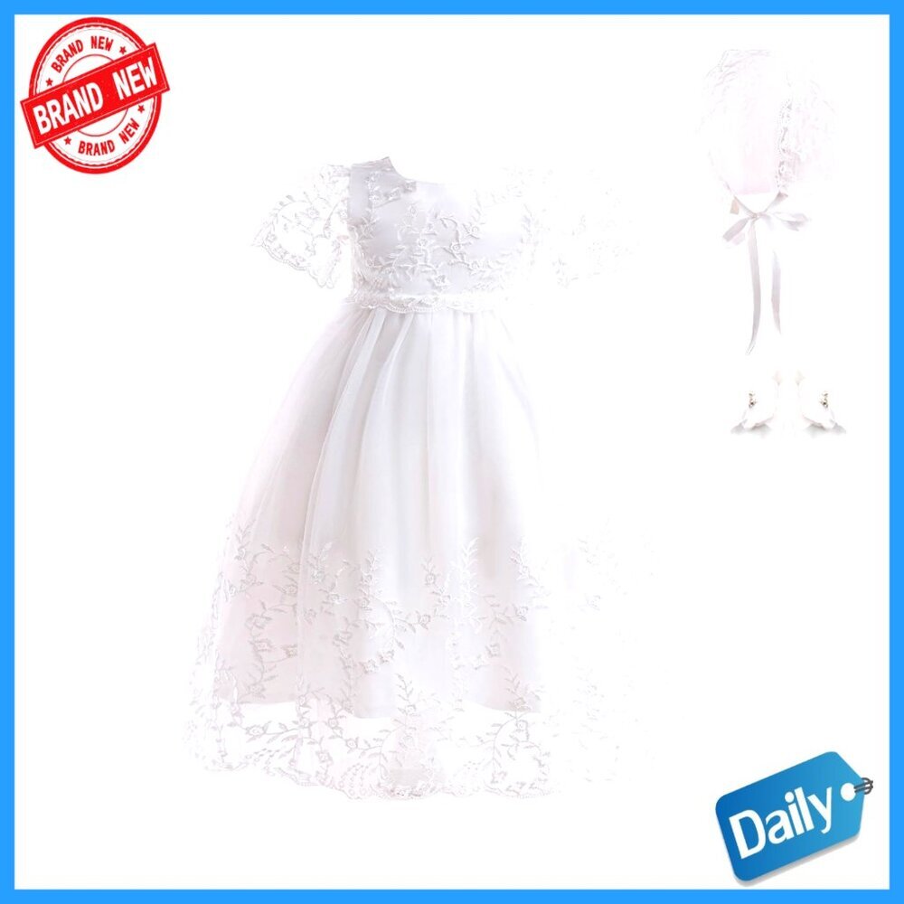 Infant Baptism Gown Lace Christening Dress with Bonnet Flower Rings